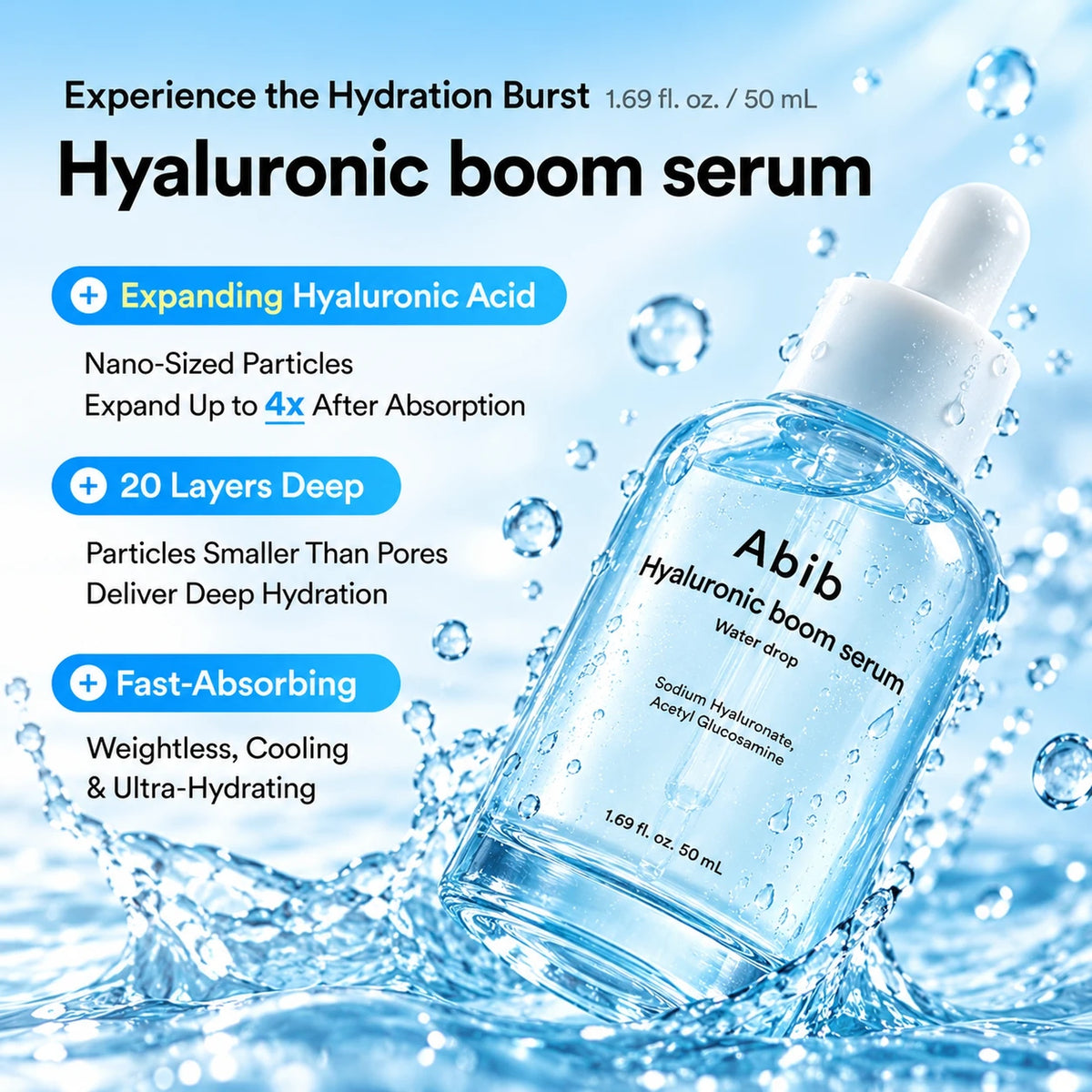 Abib hyaluronserum i blå flaska med pipett