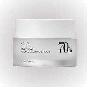 Anua Heartleaf 70% Intense Calming Cream 50ml burk som ger djup återfuktning och lugnande effekt.