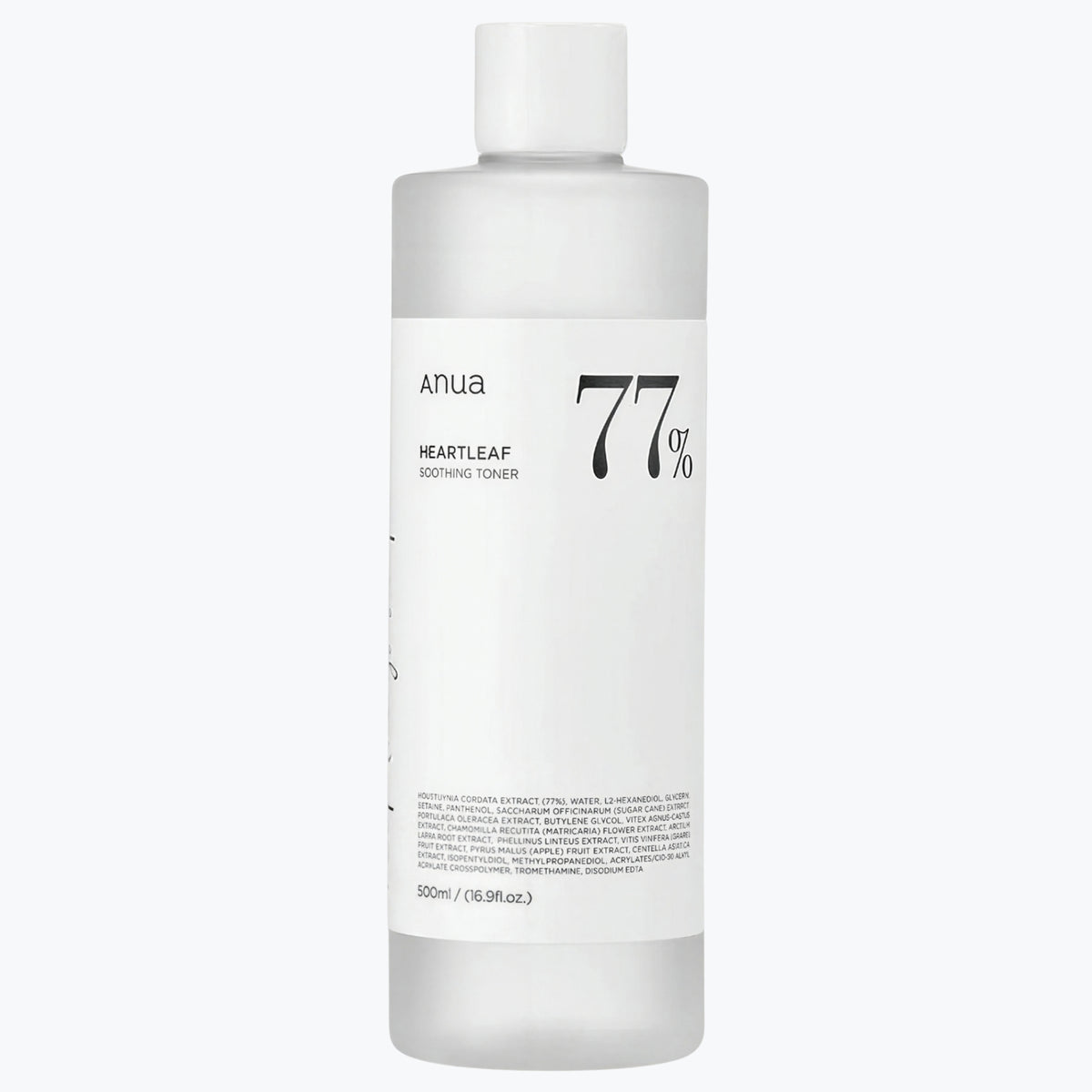 Anua Heartleaf 77% återfuktande hudtoner i 500 ml vit flaska med lock
