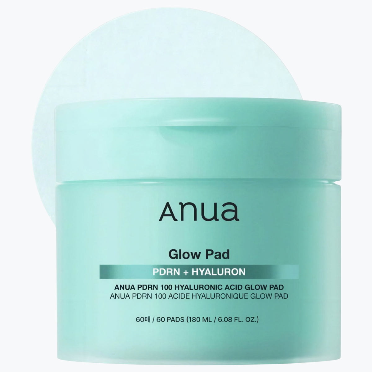 Anua Glow Pad PDRN-hyaluronsyra pads i mintgrön burk med lock