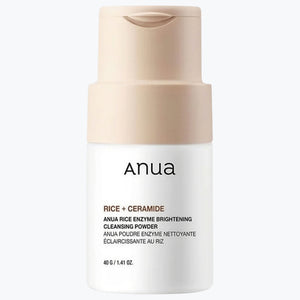 Anua rengöringspulver i flaska med beige lock och etikett 'Rice + Ceramide'