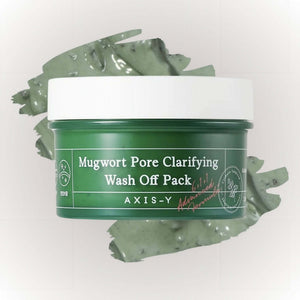Axis-Y Mugwort Pore Clarifying Wash Off Pack i en grön burk med kaolinlera och mugwort för djuprengöring.