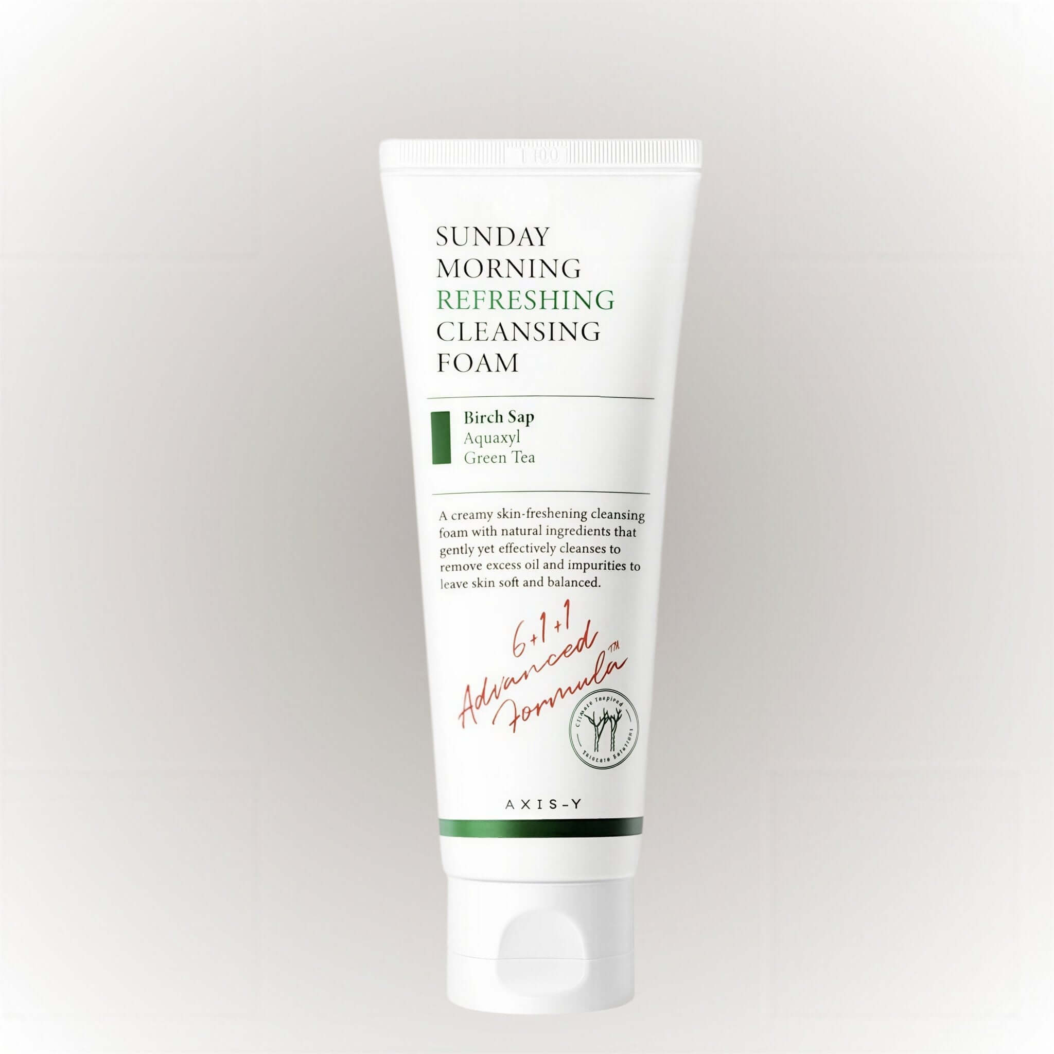 Axis-Y Sunday Morning Refreshing Cleansing Foam 120ml i vit tub med grön text och ingredienser.