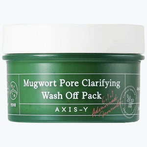 Grön kosmetikburk med vitt lock och etikett med Axis-Y, Mugwort Pore Clarifying Wash Off Pack