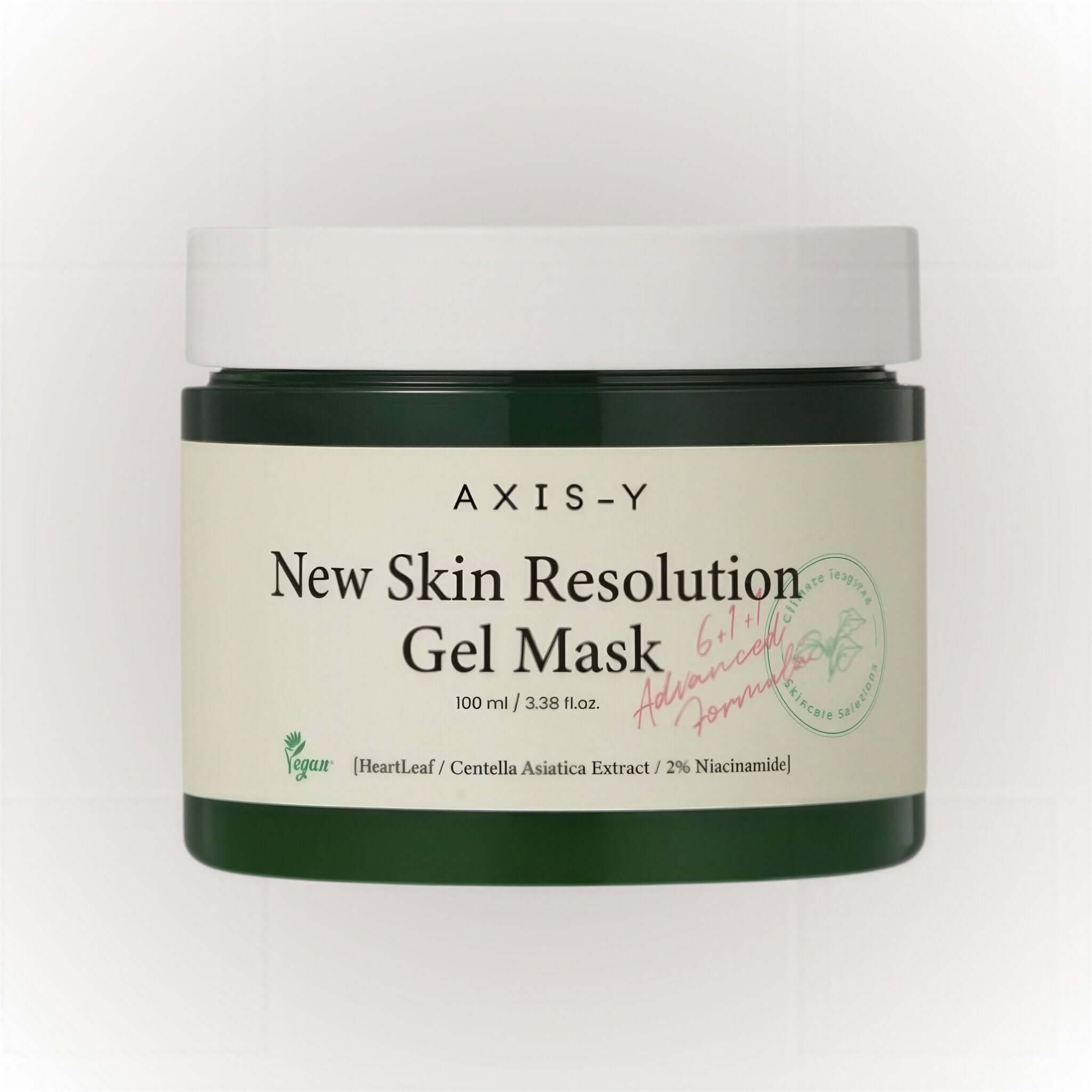 Axis-Y New Skin Resolution Gel Mask 100ml i grön burk med vit lock.