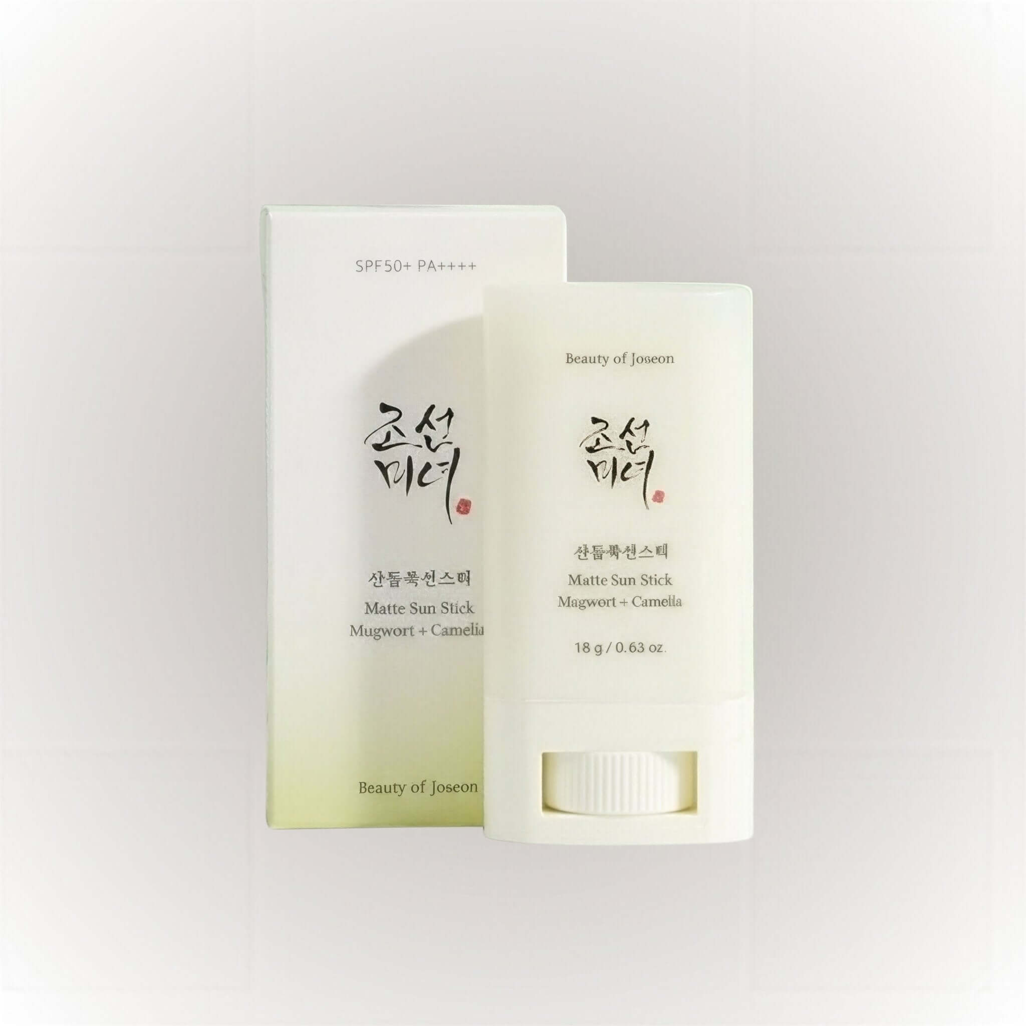 Beauty Of Joseon Matte Sun Stick Mugwort + Camellia i förpackning med 18g solskydd.