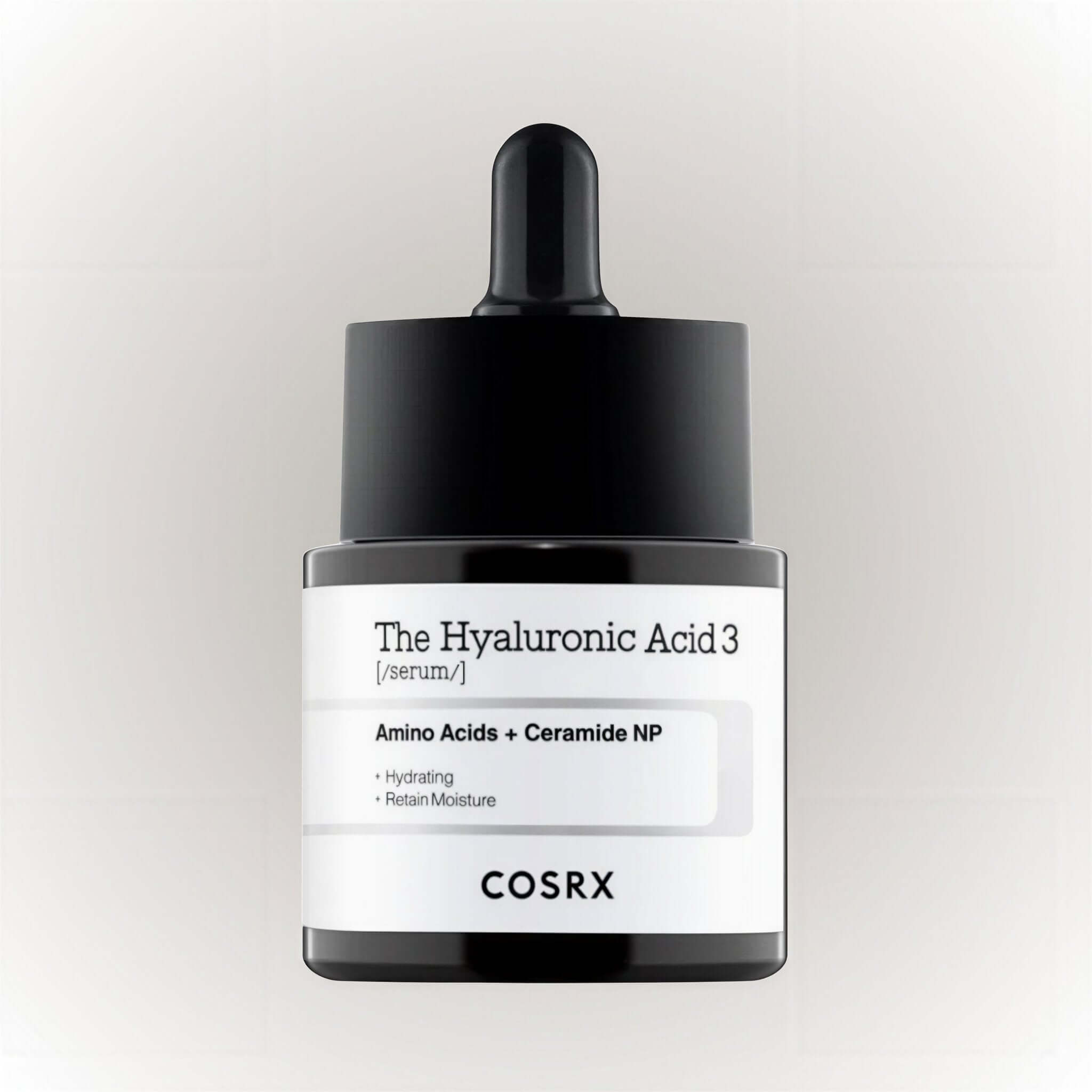 COSRX The Hyaluronic Acid 3 Serum 20g flaska med pipett för intensiv återfuktning och hudens elasticitet.