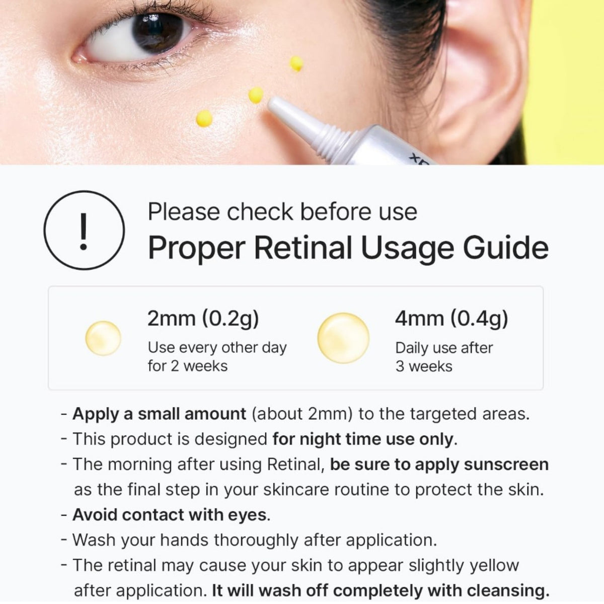 Retinal användningsguide med ansiktsnärbild och appliceringsinstruktioner