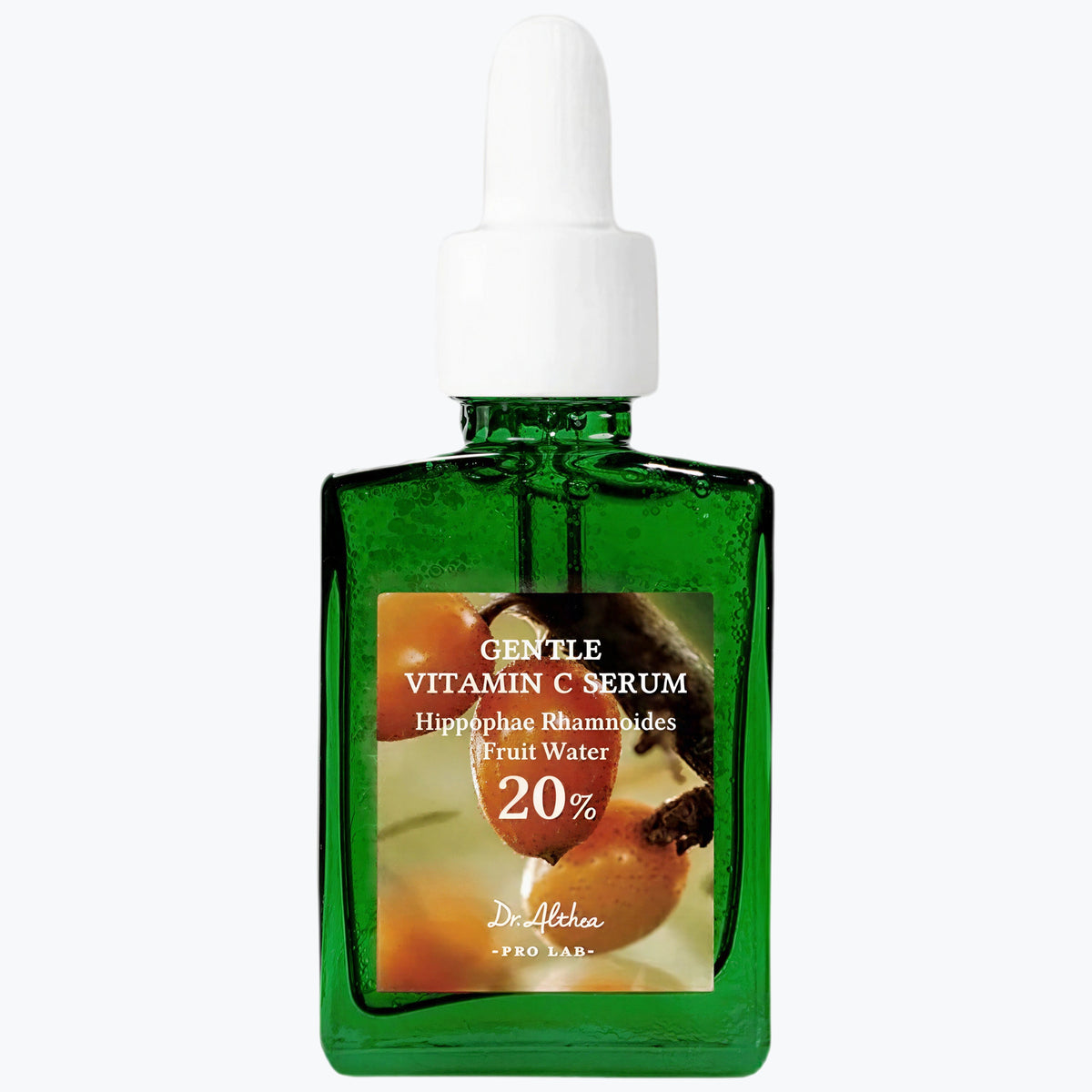Grön vitamin C-serumflaska med pipett och etikett, 20%.