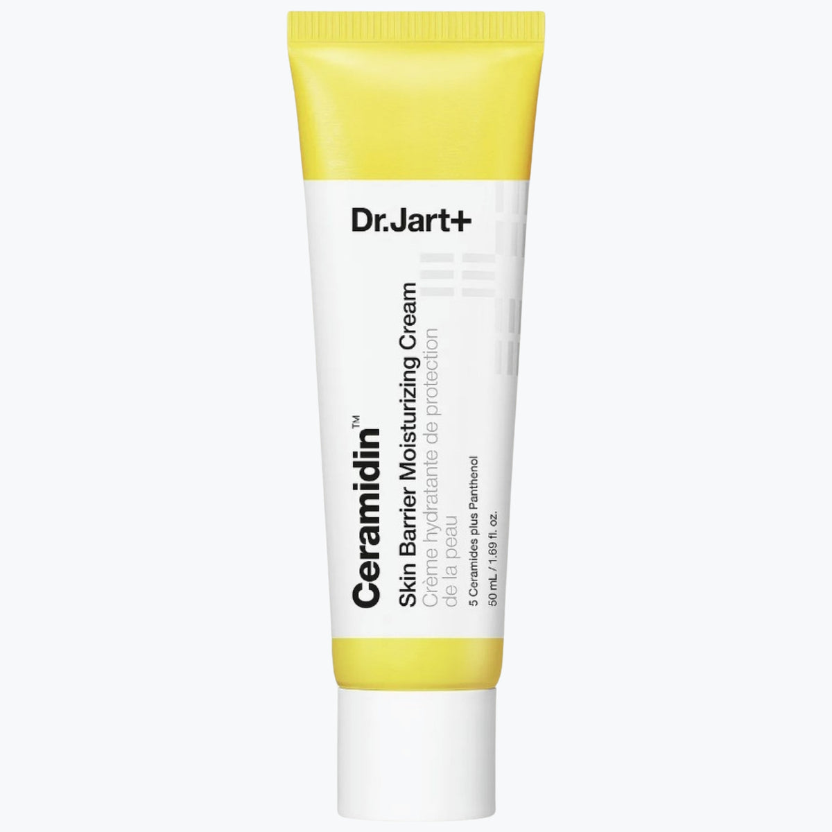 Fuktkräm i tub från Dr.Jart+ med gul och vit förpackning, märkt Ceramidin, 50 ml