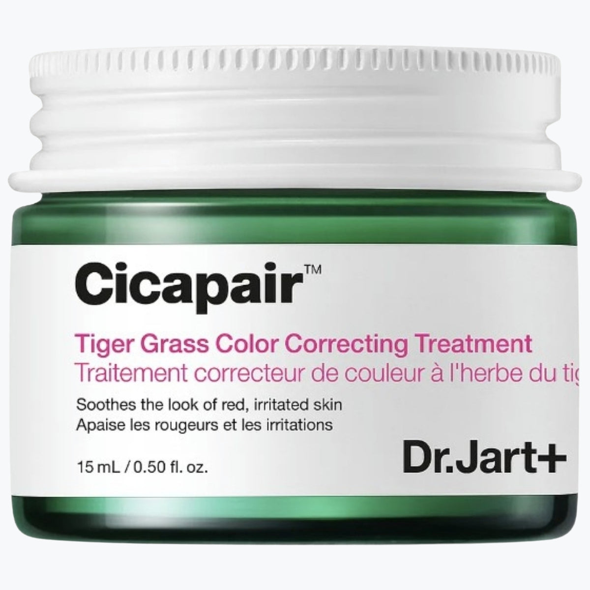 Färgkorrigerande hudbehandling i grön förpackning med Dr.Jart+ Cicapair-etikett, 15 ml
