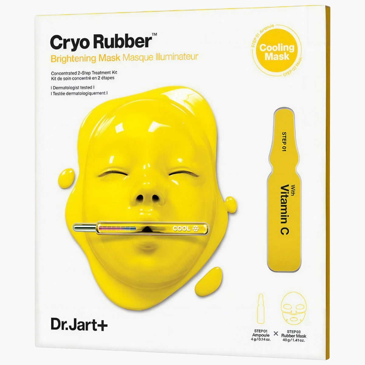 Dr.Jart+ Cryo Rubber ljustgörande maskkit, gul förpackning med kylmask och vitamin C.