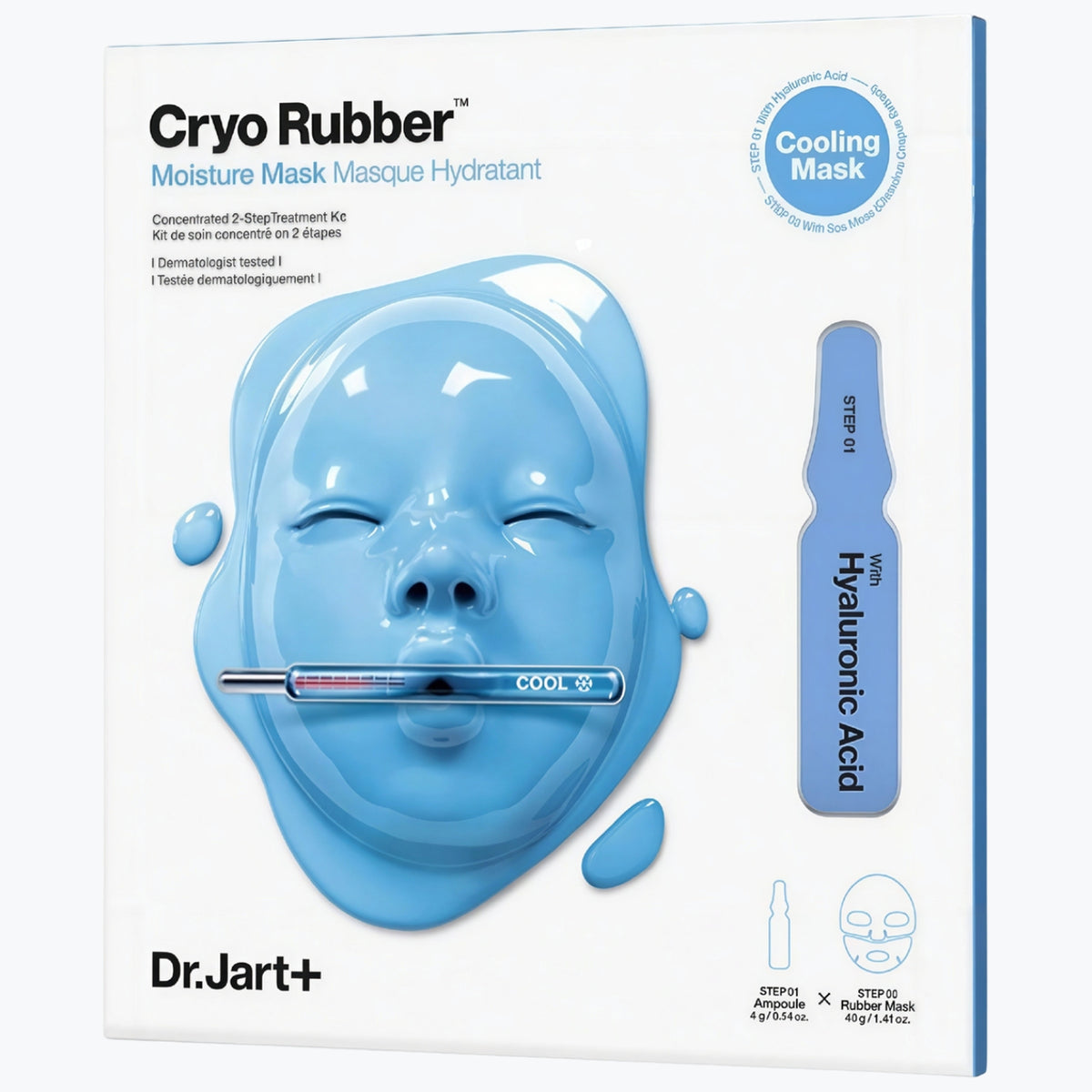 Dr.Jart+ cryo rubber återfuktande ansiktsmaskförpackning med blå maskillustration