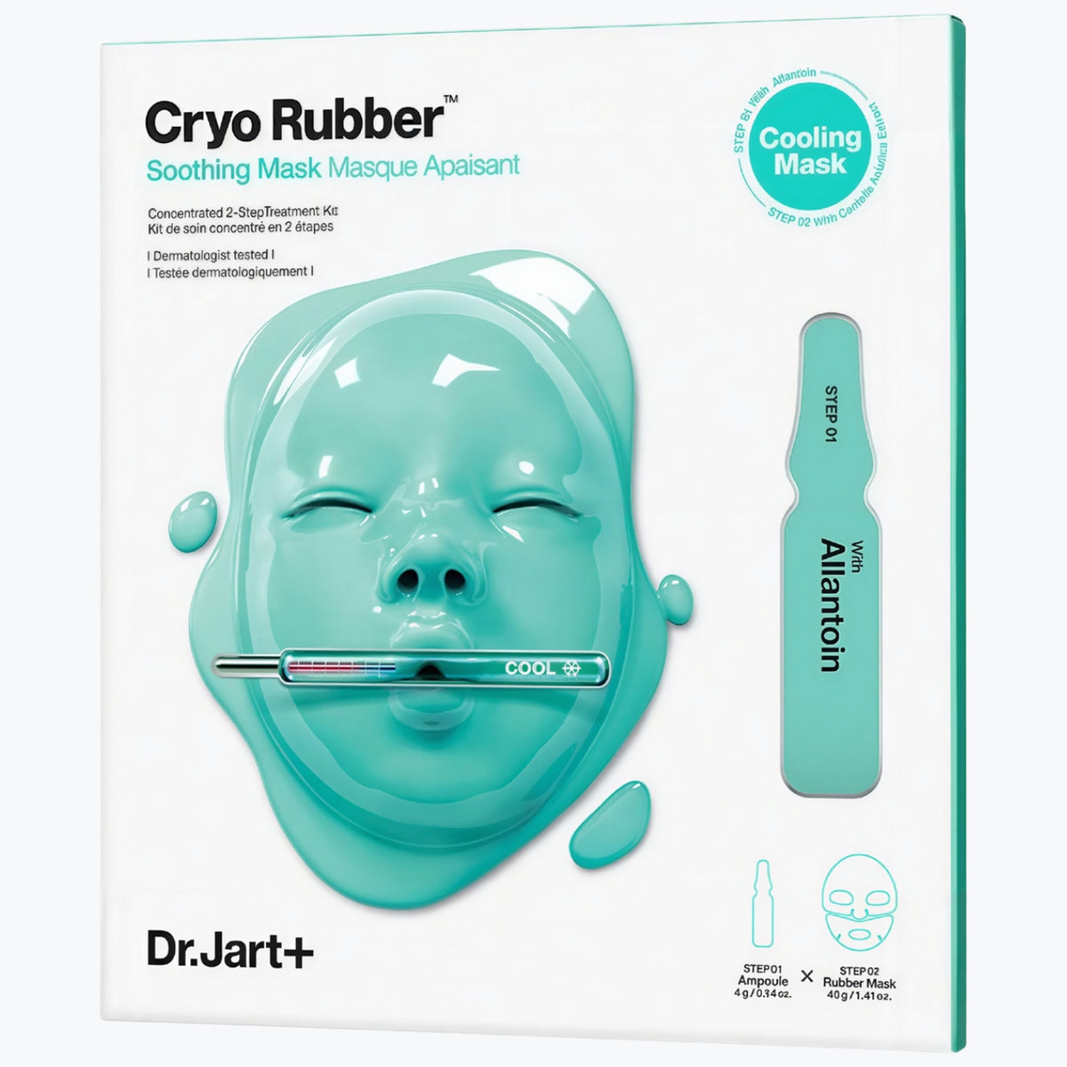 Dr.Jart+ Cryo Rubber soothing mask i förpackning, turkos ansiktsmask