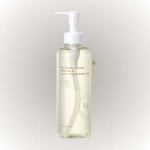 Heveblue Salmon Caring Centella Light Cleansing Oil 250ml i en genomskinlig flaska med pump för enkel applicering.