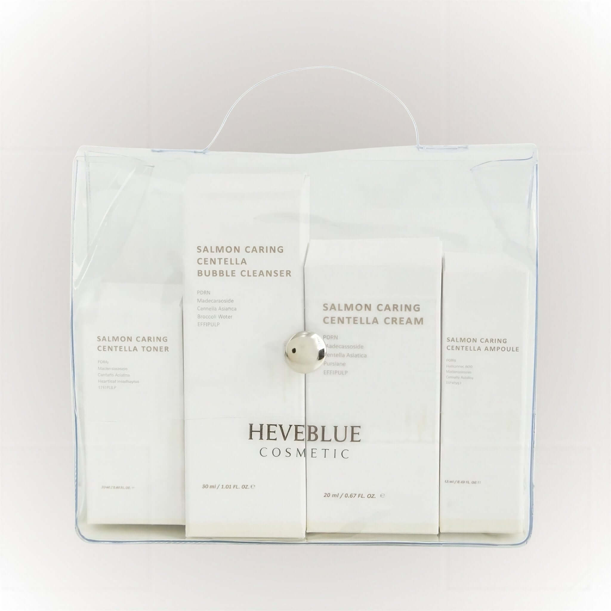 Heveblue Salmon Caring Centella Special Travel Kit med rengöring och hudvård för resor.