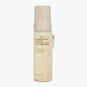 Heveblue Bubble Cleanser i avlång flaska med vit pump och etikett