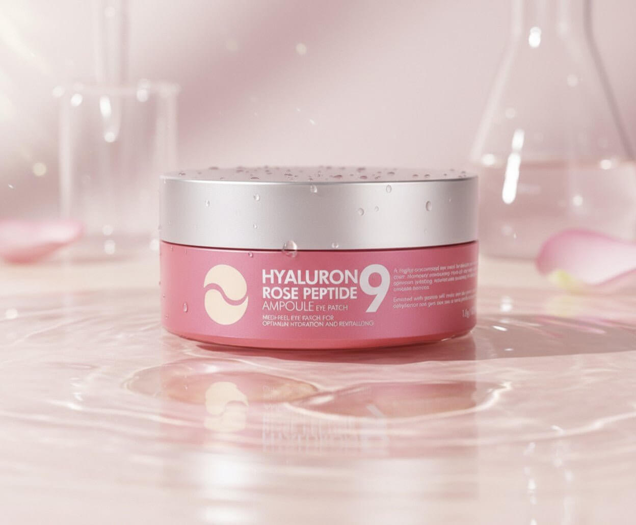 MEDIPEEL Hyaluron Rose Peptide 9 Ampoule Eye Patch i en elegant rosa burk med silverlock.