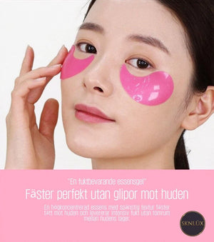 Kvinna som bär MEDIPEEL Hyaluron Rose Peptide 9 Ampoule Eye Patch för intensiv återfuktning och uppstramning av huden.