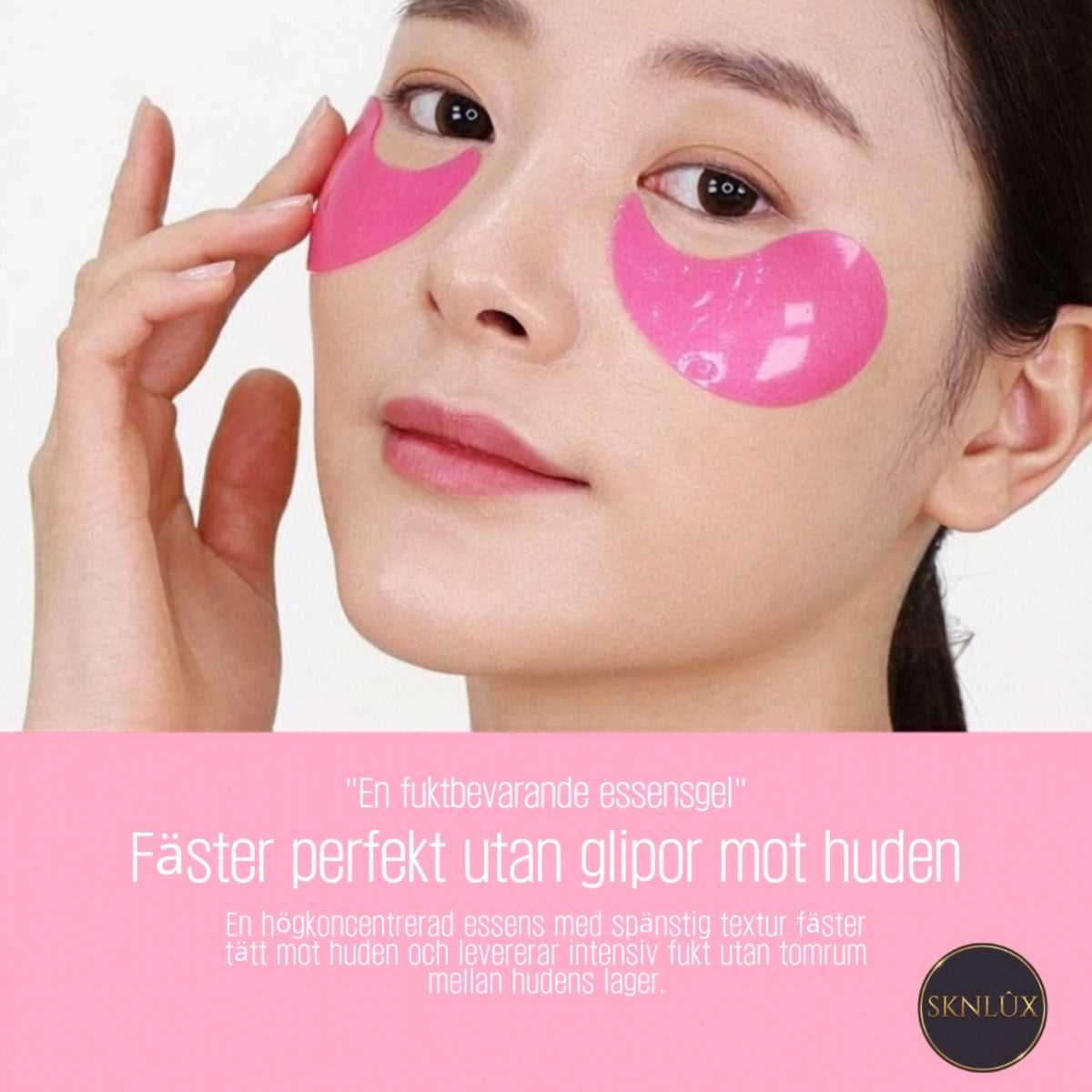 Hydrogel-ögonplåster i rosa placerade under ögonen