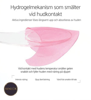Hydrogelmekanism som smälter vid hudkontakt med MEDIPEEL Hyaluron Rose Peptide 9 Ampoule Eye Patch.