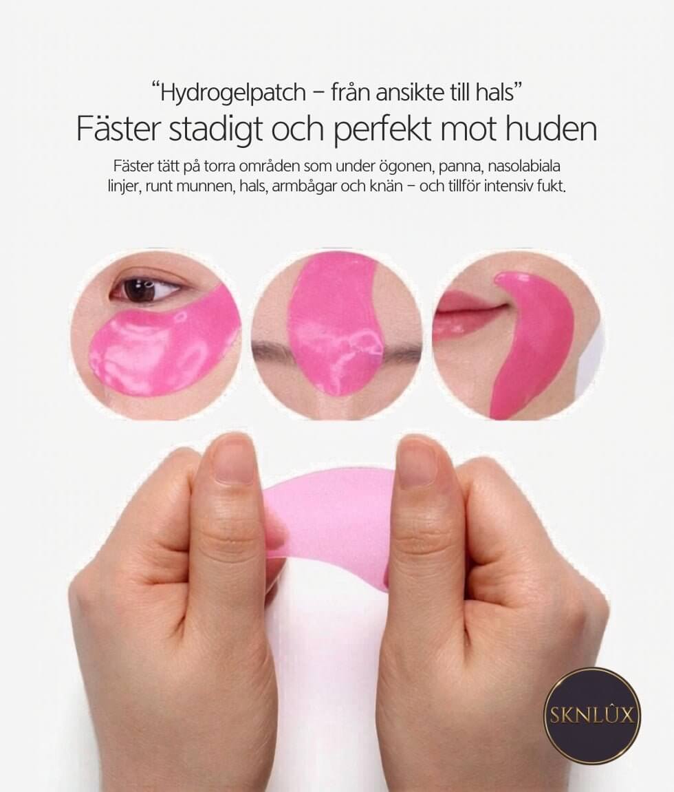 MEDIPEEL Hyaluron Rose Peptide 9 Ampoule Eye Patch i användning för intensiv återfuktning och uppstramning av huden.