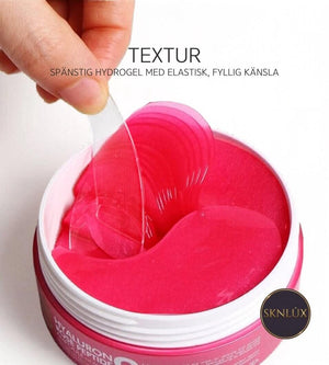 MEDIPEEL Hyaluron Rose Peptide 9 Ampoule Eye Patch som visas med spänstig hydrogel och elastisk känsla.