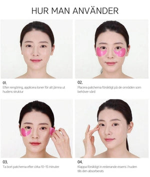 Användning av MEDIPEEL Hyaluron Rose Peptide 9 Ampoule Eye Patch som visar steg för steg applicering.
