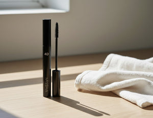 MISSHA The Style 4D Mascara 7g med borste i en naturlig miljö med ljus och handduk