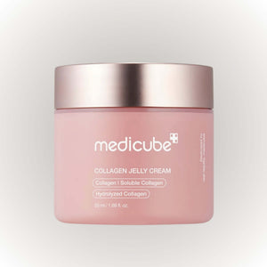 Medicube Collagen Jelly Cream 50ml i en rosa burk med silverlock, tar hand om huden och ger den långvarig återfuktning.