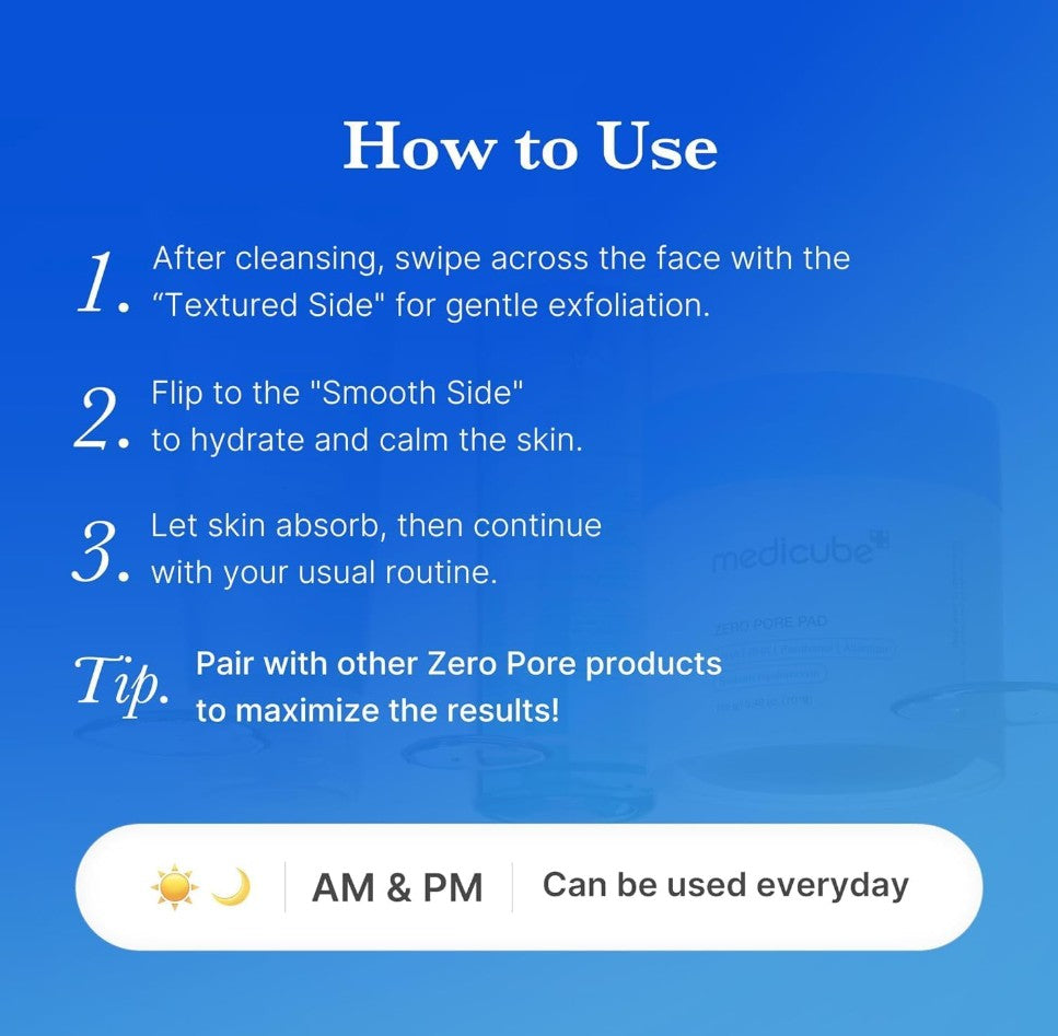Instruktionsgrafik för Zero Pore Pad: svep över ansiktet med tonerpads
