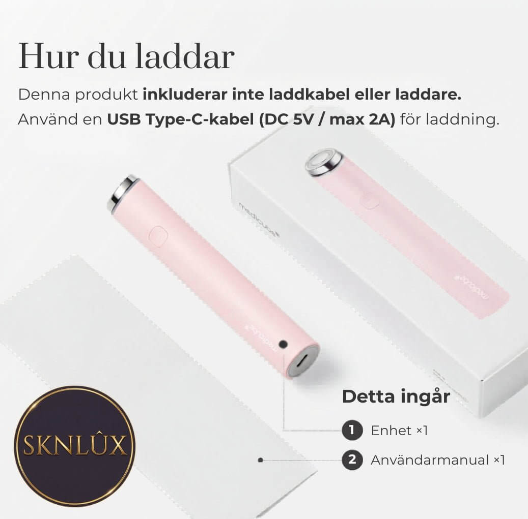 Medicube AGE-R Booster Pro Mini Pink med laddningsanvisningar och tillbehör.