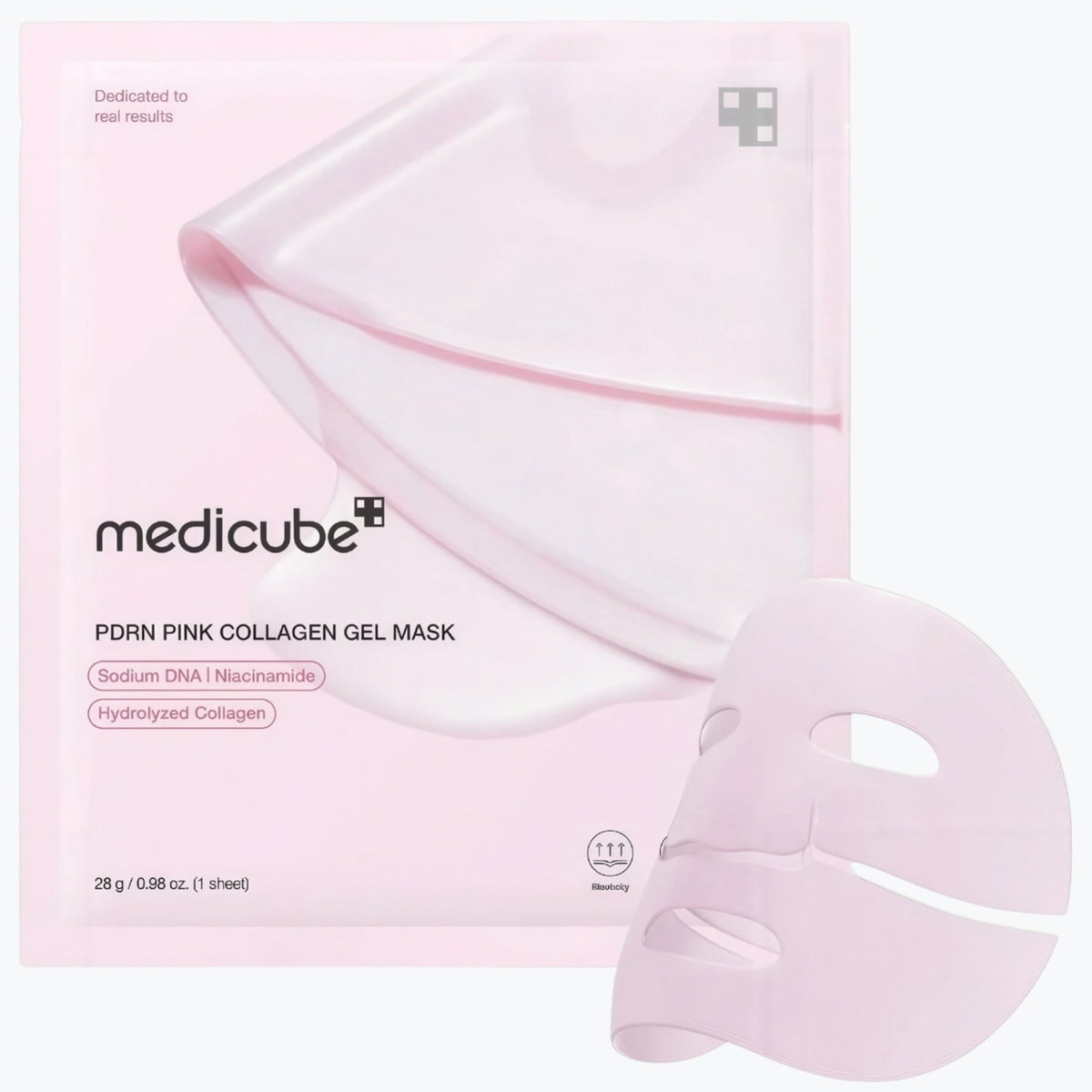 Rosa kollagen gelmask i ark med ansiktsskydd och hål för ögon, i förpackning