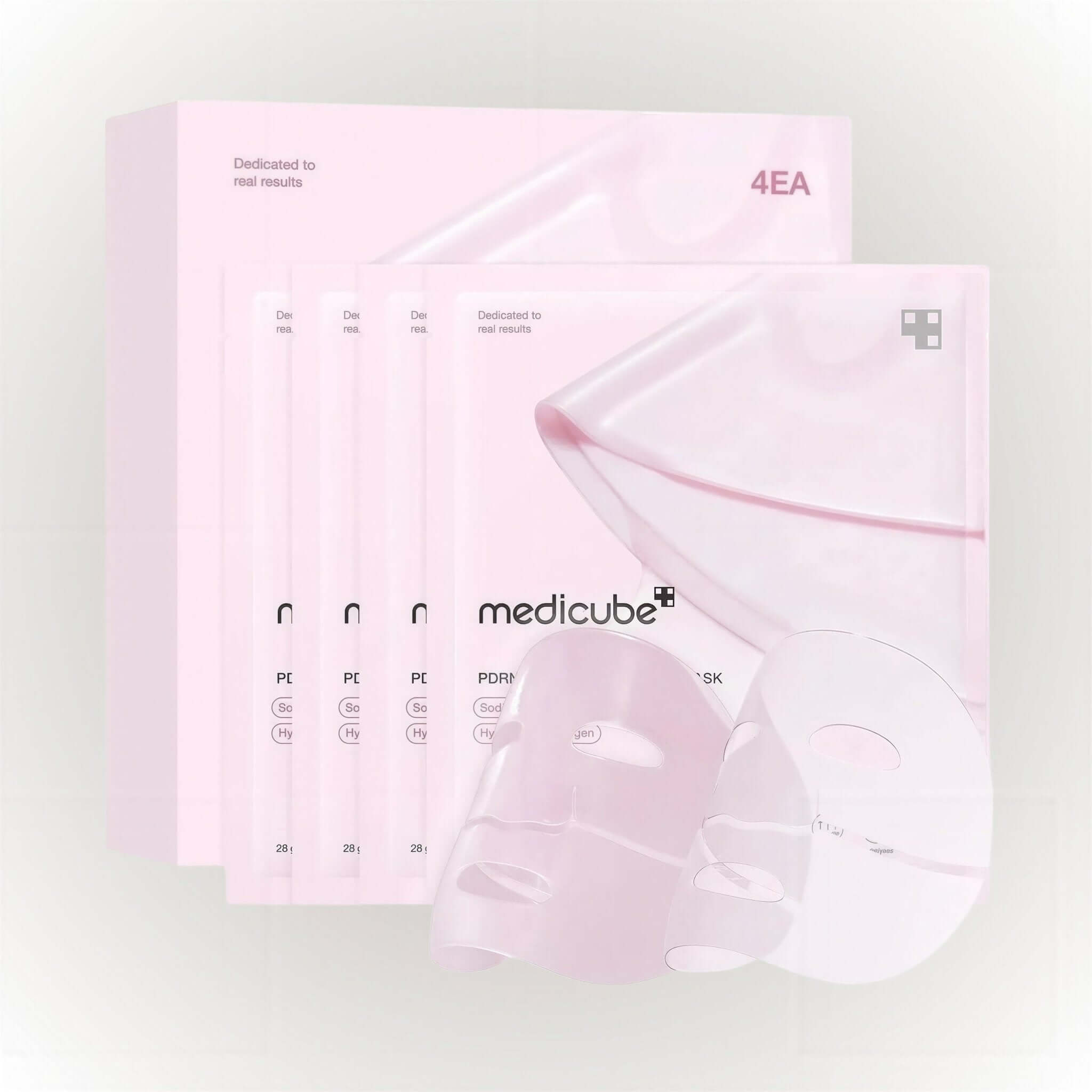 Medicube PDRN Pink Collagen Gel Mask 4-pack med hydrogelmasker för intensiv återfuktning.
