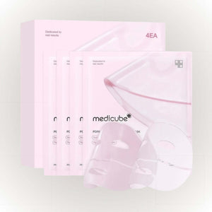 Medicube PDRN Pink Collagen Gel Mask 4-pack med hydrogelmasker för intensiv återfuktning.