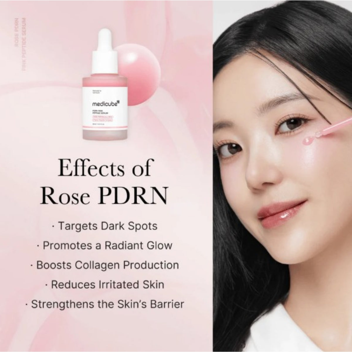 Medicube rosa PDRN-serum med pipett och ansiktsfoto, effektöversikt