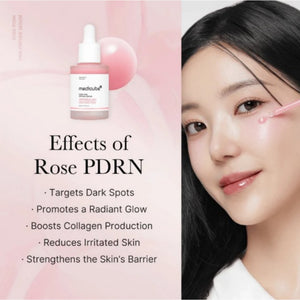 Medicube rosa PDRN-serum med pipett och ansiktsfoto, effektöversikt