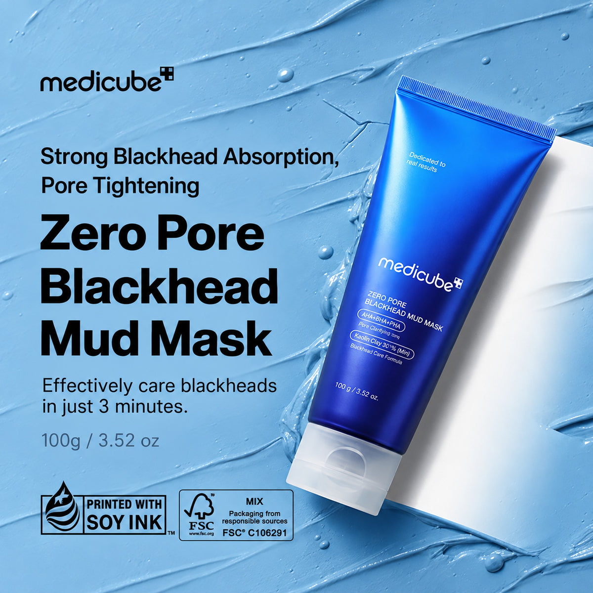 Blå lermasktub för porer och pormaskar, med medicube-logotyp