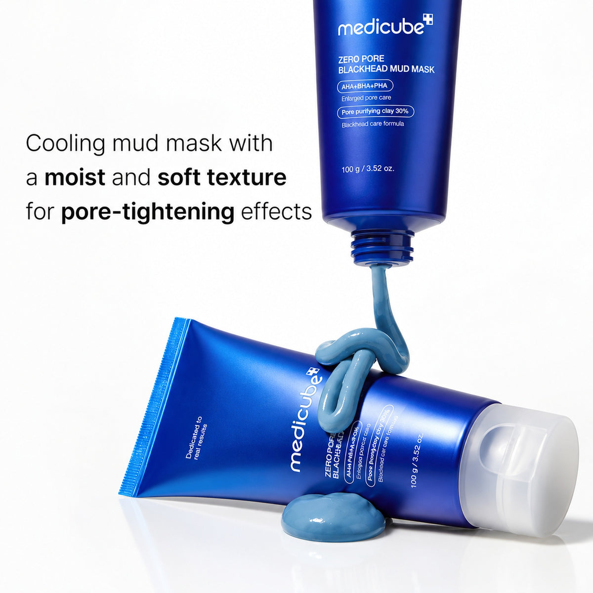 Blå ansiktslermask i tub samt påfyllningsklämma med gel på