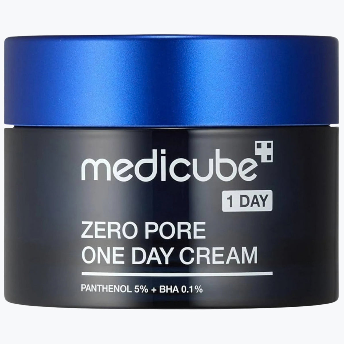 Medicube kräm i svart burk med blått lock, text ZERO PORE ONE DAY CREAM