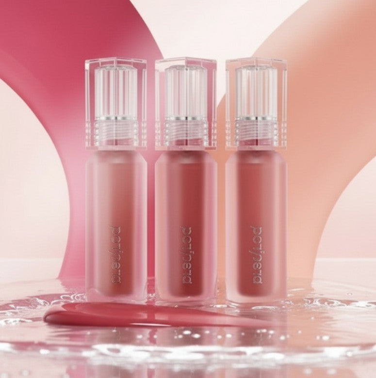 Tre läpptintsflaskor i nude-beige toner med genomskinliga skruvkapsyler