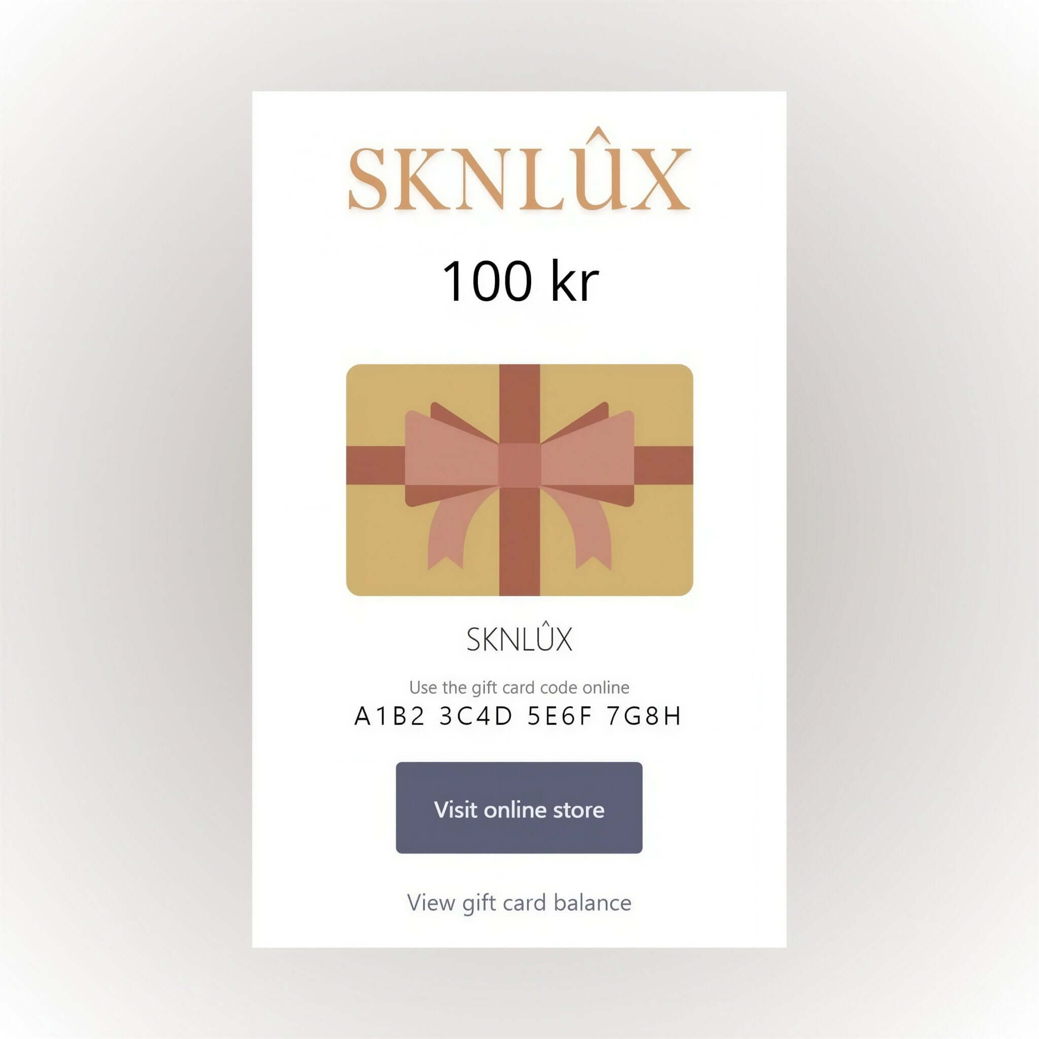 SKNLÛX Digitala Presentkort 100kr med kod för att handla online och kontrollera balans.