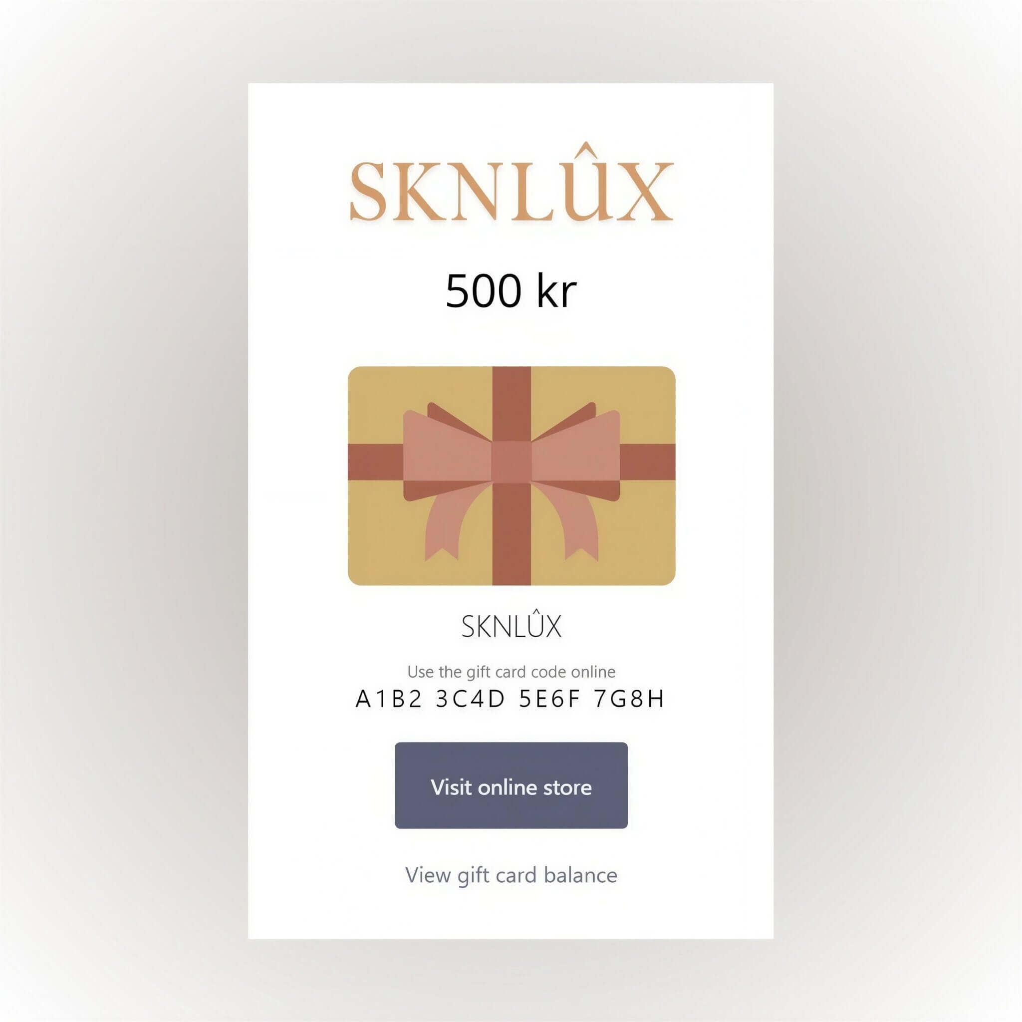 SKNLÛX Digitala Presentkort 500kr med unik kod för att handla exklusiv hudvård online.