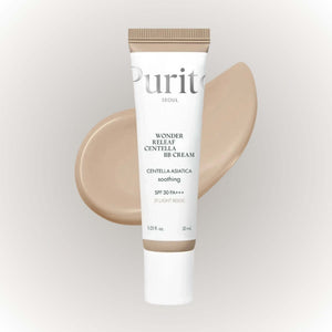 Purito SEOUL Wonder Releaf BB Cream SPF30 #21 Light Beige 30ml på en ljus bakgrund med en krämig textur.