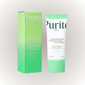 Purito SEOUL Wonder Releaf Centella Daily Sun Lotion 60ml i förpackning för daglig solskydd.