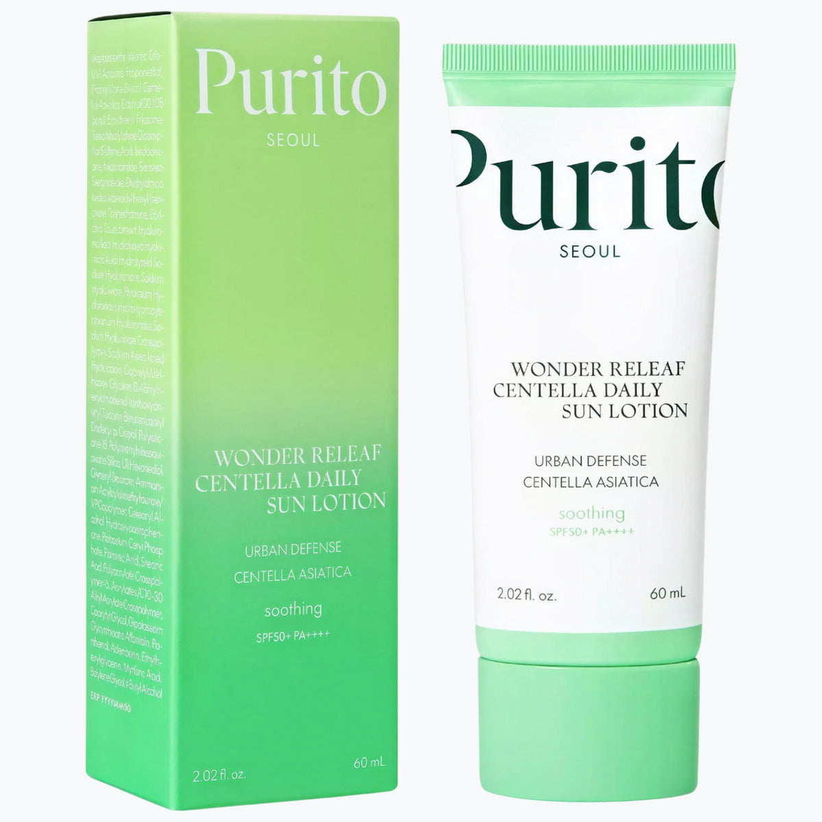 Sol-lotion i tub 60 ml med Purito-etikett och grönt lock