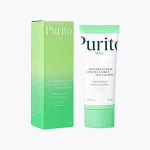 Purito Centella Daily Sun-lotion i grön tub och kartongförpackning, 60 ml