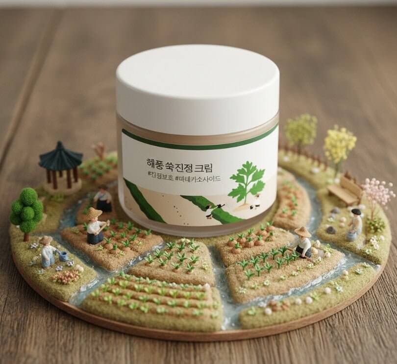 Round Lab Mugwort Calming Cream 80ml i en unik och detaljerad presentation på ett hantverksliknande underlag.