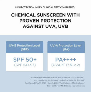 UV protection index clinical test results for SKIN1004 Madagascar Centella Hyalu-Cica Silky-Fit Sun Stick showing SPF 50+.