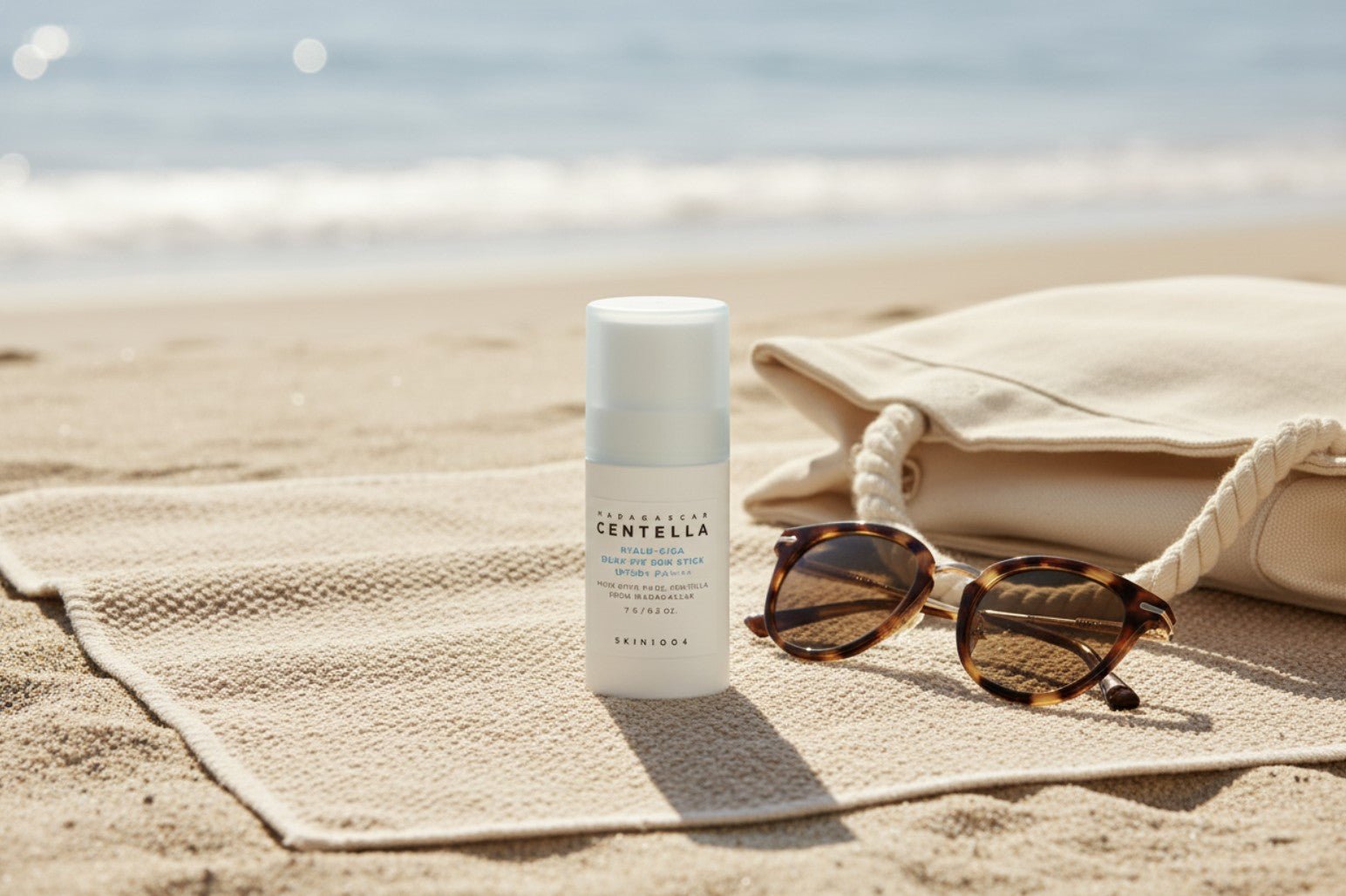 SKIN1004 Madagascar Centella Hyalu-Cica Silky-Fit Sun Stick på stranden med solglasögon och strandväska.
